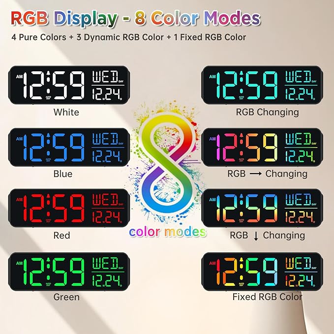 Peakeep Digital Alarm Clock for Bedrooms, Date Day of Week Large Display Numbers 6 Brightness Dimmer, 5 Volume Loud for Heavy Sleepers, 8 RGB Colors Electric Desk Clock Battery Backup, Auto DST