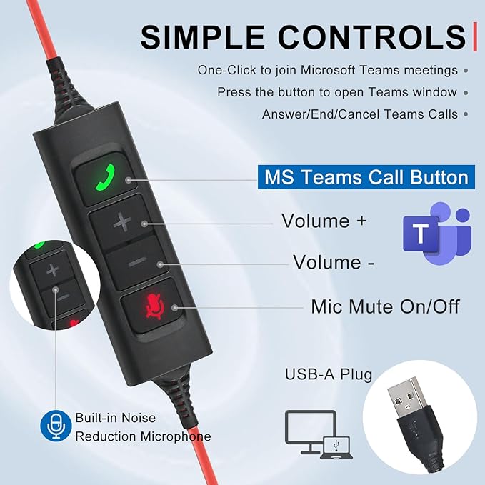 Callez USB Headset with Mic, Computer Headset with ENC Dual Noise Cancelling Microphone & MS Teams Call Button, Wired Mono Headphones for PC Laptop Mac Teams Zoom Home Office Work