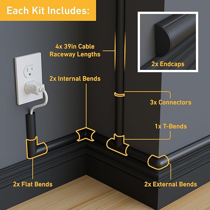 D-Line 13.12ft Cord Hider Kit, Patented Cable Cover, Hide Wires on Wall, Channel for TV Mount Cords, Raceway Wire Hiders, Paintable, Adhesive, Half Round, 4X 1.18in W x 0.59in H x 39in Lengths, Black