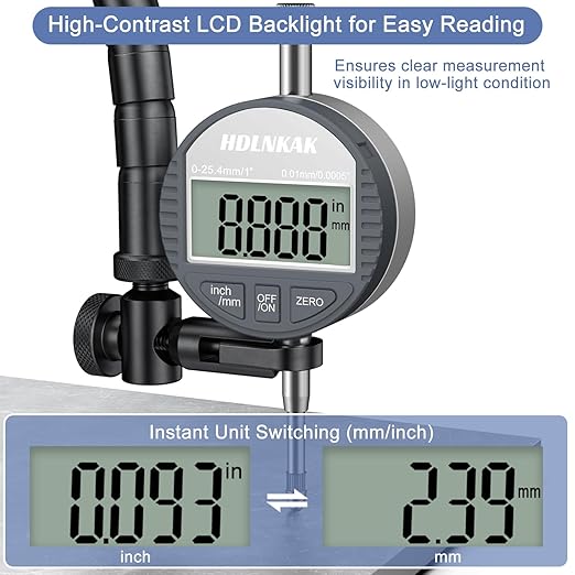 HDLNKAK Electronic Digital Dial Indicator Gauge Inch/Metric Conversion 0-1 Inch/25.4 mm Digital Probe Indicator Dial Test Gauge High Resolution: 0.0005''/0.01mm