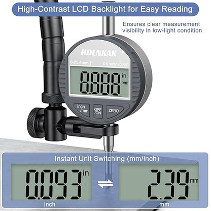 HDLNKAK Electronic Digital Dial Indicator Gauge Inch/Metric Conversion 0-1 Inch/25.4 mm Digital Probe Indicator Dial Test Gauge High Resolution: 0.0005''/0.01mm