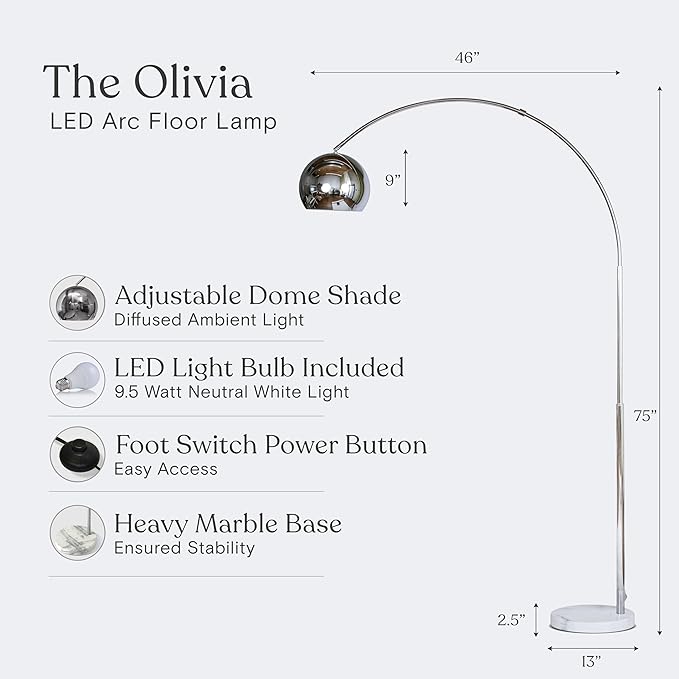 Brightech Olivia Floor Lamp, Arc Lamp for Living Rooms, Standing Lamp with LED Light Bulbs for Bedroom Reading, Great Living Room Décor, Tall Lamp for Offices - Chrome