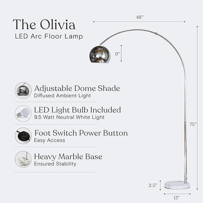 Brightech Olivia Floor Lamp, Arc Lamp for Living Rooms, Standing Lamp with LED Light Bulbs for Bedroom Reading, Great Living Room Décor, Tall Lamp for Offices - Chrome