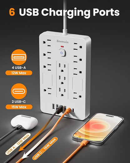 Bawmwim Surge Protector Power Strip - 11 Outlets(1850W/15A) with 6 USB Ports(2 USB C), 6FT Flat Plug Extension Cord, Wall Mount, White,Listed for Home, Dorm Room