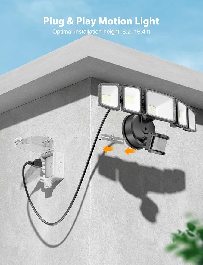 Onforu 5000LM Motion Sensor Outdoor Lights Plug in, 5 Head Motion Sensor Flood Light Outdoor with Remote, Dusk to Dawn Outdoor Lighting, IP65 Waterproof Motion Detector Lights for Outside, Black