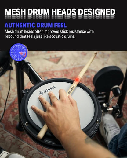 Donner DED-200X Electronic Drum Set, Electric Drum Kit with Quiet Mesh Drum Pads, 2 Cymbals w/Choke, 31 Kits and 450+ Sounds, Throne, Headphones, Sticks, USB MIDI, Melodics Lessons (5 Pads, 4 Cymbals)