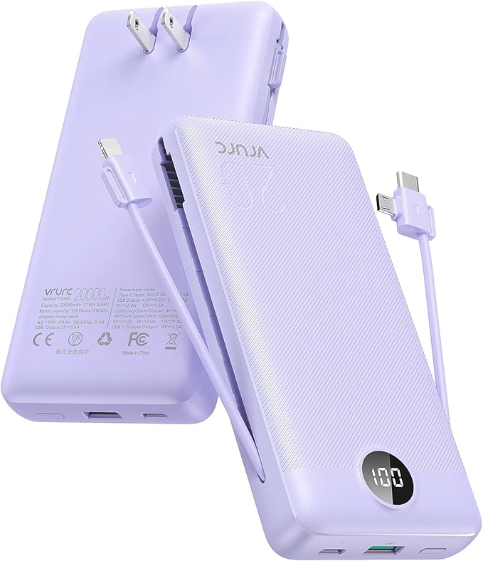 VRURC Portable Charger 20000mAh, Fast Charging Power Bank USB C,4 Output 2 Input Travel Essentials Charging Bank Equipped with LED Display,Built-in Wall Plug and Cables,Phone Charger Battery,Purple