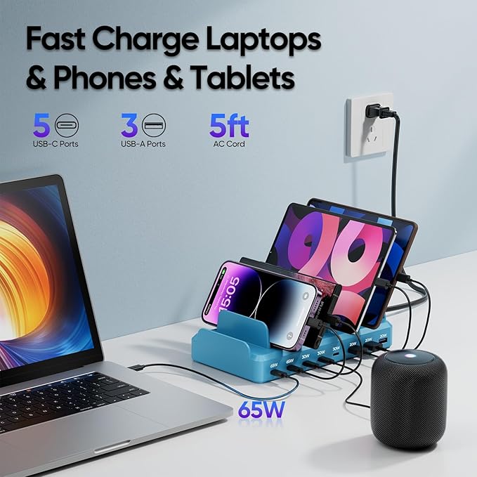300W Charging Station for Multiple Devices, 8 Port Multi USB C Fast Charger Station Dock for MacBook iPhone 16/15/14/13/12 Samsung Pixel Series iPad, Blue (6 Mixed Short Cables Included)