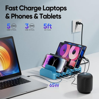 300W Charging Station for Multiple Devices, 8 Port Multi USB C Fast Charger Station Dock for MacBook iPhone 16/15/14/13/12 Samsung Pixel Series iPad, Blue (6 Mixed Short Cables Included)