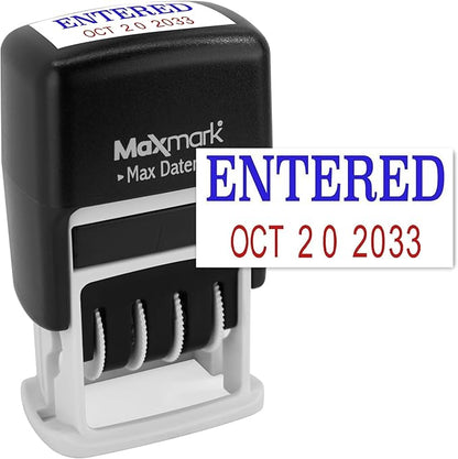 MaxMark Self-Inking Rubber Date Office Stamp with Entered Phrase Blue Ink & Date RED Ink (Max Dater II), 12-Year Band
