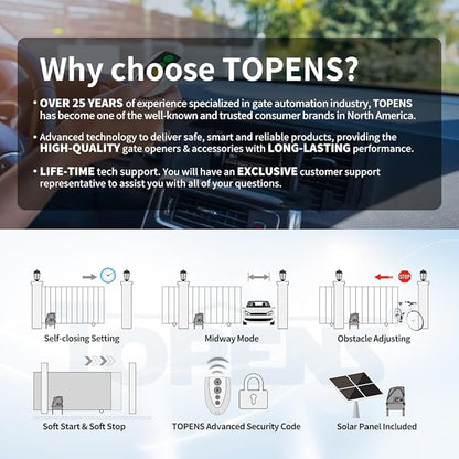 TOPENS DKC1100S Solar Sliding Gate Opener Chain Drive Automatic Gate Motor for Heavy Driveway Slide Gates Up to 2600 Pounds, Electric Gate Operator Battery Powered with Solar Panel Remote Control Kit