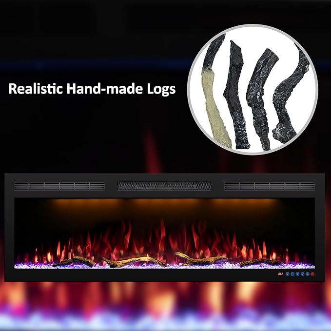 Electric Fireplace Logs, Realistic Synthetic Resin Log Decoration for Indoor Electric Fireplaces Flame w/ 5 Brightness, Thermostat, 750W/1500W, Black