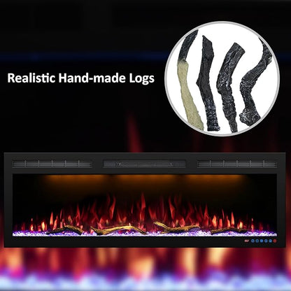 Electric Fireplace Logs, Realistic Synthetic Resin Log Decoration for Indoor Electric Fireplaces Flame w/ 5 Brightness, Thermostat, 750W/1500W, Black