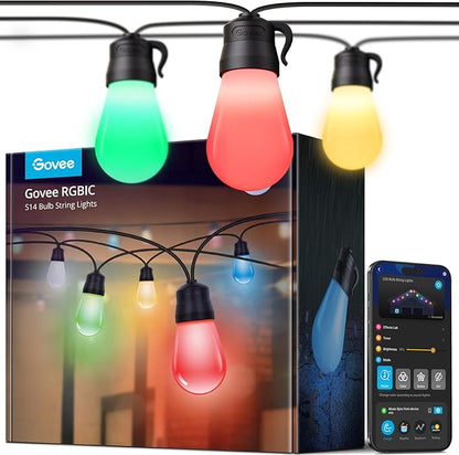 Govee Smart Outdoor String Lights H7029, 24ft RGBIC Outdoor Lights with 8 Dimmable LED Bulbs, IP65 Waterproof, Color Changing Warm White Lights with 47 Scene Modes for Patio, Backyard, App Control