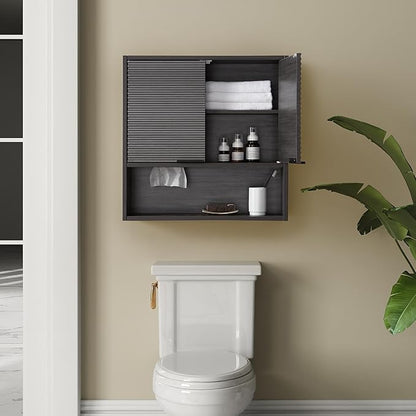 Wall Mounted Bathroom Cabinet with Motion Sensor LED Light & Tissue Dispenser, Modern Black Medicine Cabinet Over Toilet with Fluted Door, Adjustable Shelf for Skincare & Makeup Storage
