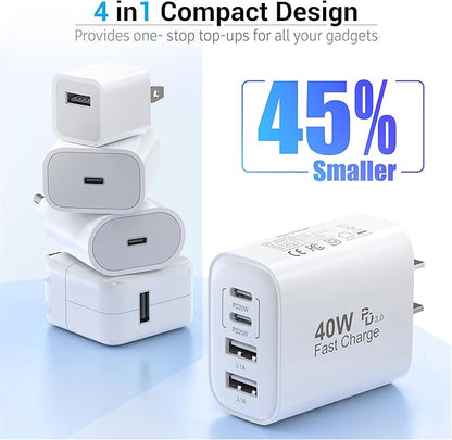 USB C Charging Block, 2-Pack 40W 4 Ports USBC Wall Charger Plug Fast Charging, iPhone Charger QC Multiport Adapter Charger Type C Box Brick Cube for iPhone 17 16 15 14 13 12 11 Pro Max, Samsung Phone