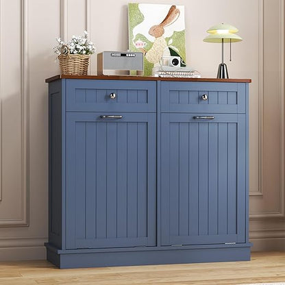 Tilt Out Trash Can Cabinet with Double Hidden Trash Bin Holder, Kitchen Free Standing Recycling Cabinet,Dog Proof Trash Can,Wood, Blue