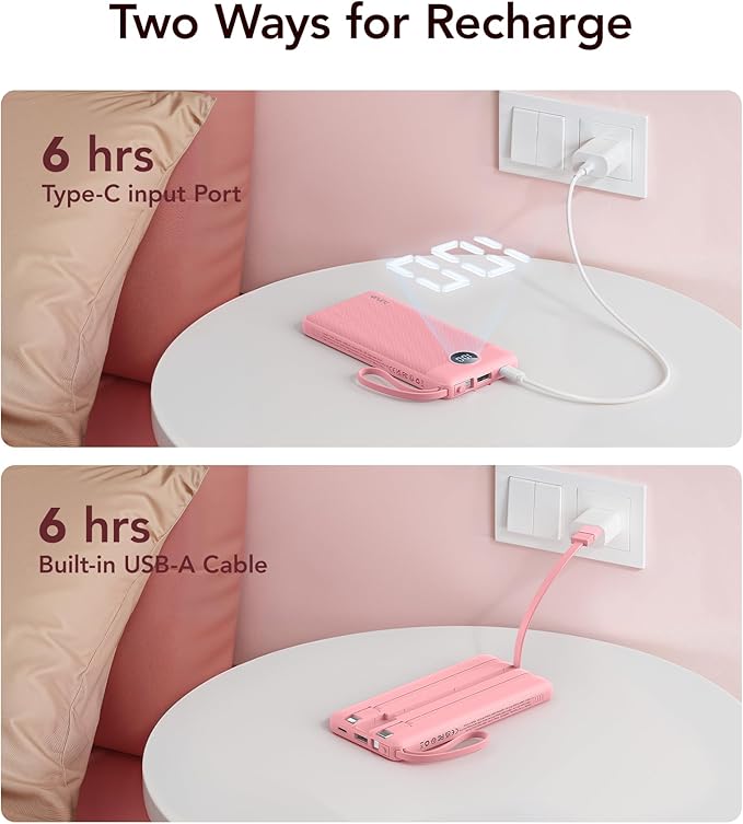 VRURC Portable Phone Charger, Travel Portable Charger with 4 Cables, 5 Outputs 2 Inputs Slim USB C Power Bank, Built-in Cables Cords for iPhone 17 16 15 14 13,Samsung,Android-Barbie Pink(1 Pack)