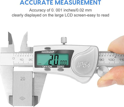 Digital Caliper Measuring Tool, IP54 Waterproof Electronic Micrometer Caliper, Stainlee Steel Vernier Caliper with Large LCD Screen, Inch Metric Fraction Conversion, 6 Inch for Household/DIY