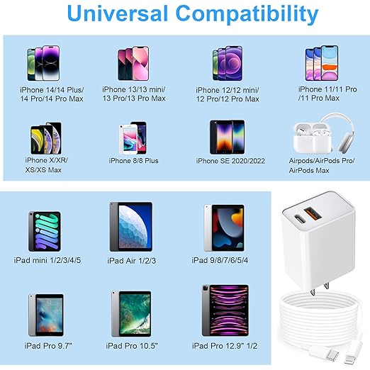 USB C Wall Charger,Dual Port 10FT iPhone Charger 20W PD+QC3.0 Power Adapter Fast Charging Block Plug with 10ft USB C to Lightning Cable for iPhone 14/14 Pro/14 Pro Max/13/12/11/Pro Max/XS/XR/X/AirPods