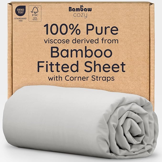 Bambaw 100% Viscose Derived from Bamboo Fitted Sheet King Size, Cooling Fitted Sheets King Size, Gray Fitted Sheet Only, 16’’ Pocket Fitted King Sheet Only, Cooling Mattress Sheets (Moonlight Gray)