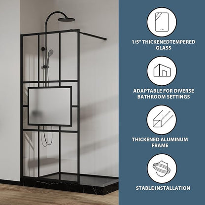 Goodyo 34” X 72” Glass Shower Door Fixed Framed Shower Screen Tempered Glass Panel for Walk-in Shower Room, Grid Pattern, Middle Frosted Glass, 3-Pieces Glass, Matte Black Finish