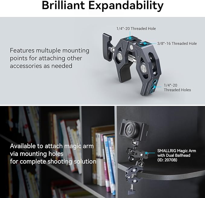 SMALLRIG Crab-Shaped Super Clamp, Camera Mount, 1/4"-20, 3/8"-16 Threaded Holes, 7.7lbs/3.5kg Payload, Compatible with Cameras, Monitors, LED Lights, etc.