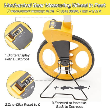 Measuring Wheel With Handle Reset & Brake, Rolling Measuring Wheel in Feet for Construction, Survey, Collapsible Measure Wheel with Tape Measure and Canvas Carrying Bag, 12 Inch, Up to 10,000Ft