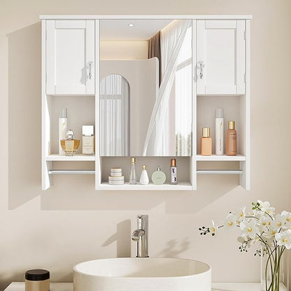VECELO Bathroom Wall Cabinet with Mirror, Wall Mounted Medicine Cabinet with Open Shelves, 2 Towels Bars for Bathroom Laundry Room Kitchen