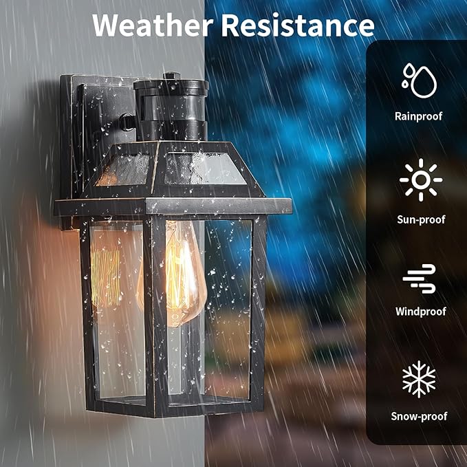 Motion Sensor Outdoor Wall Lights, Porch Light Outdoor 3 Lighting Modes, Dusk to Dawn Exterior Light Fixture, Waterproof, Outside Lights for House Front Door Patio Garage 1 Pack (Black)
