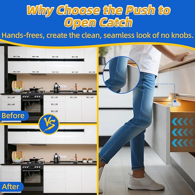 Magnetic Push to Open Jiayi Push Release Magnet Cabinet Door Latch, Push Open Drawer Catch for Large Door, Push in Door Unlock Kitchen Spring Opening Press Out Push Magnetic Latches (White, 4 Pack)