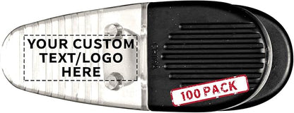 100 Magnetic Memo Holders Set - Customizable Text, Logo - Large Clip, Plastic - Clear