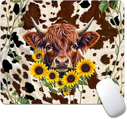 Western Highland Cow Sunflowers and Cowhide Brown Square Mouse pad, Texture, Waterproof, Anti Slip Rubber Base, Computer Mouse pad