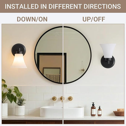LOUSACE 2 Pack 1-Light Bathroom Vanity Lights Black Vintage Bathroom Lighting Fixtures with Opal White Glass, Set of 2 Single Vanity Wall Sconces for Side Mirror Cabinet Stairs Kitchen Living Room
