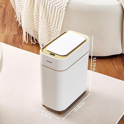 Pukomc Automatic Small Sensor Trash Can with Touchless Lid, 2.3 Gallon / 9L Smart Garbage Can, Quiet Close White Gold Waste Bin - Perfect for Kitchen, Living Room & Small Spaces