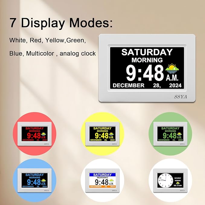 SSYA Digital Calendar Alarm Clock - Dementia Clocks for Seniors, Non-Abbreviated Memory Loss Clock with Date and Time for Elderly (White)