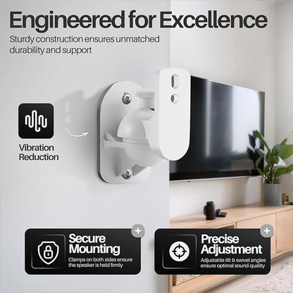 TNP Universal Satellite Speaker Wall Mount Bracket Ceiling Mount Clamp with Adjustable Swivel and Tilt Angle Rotation For Home Theater Surround Sound System Satellite Speakers - 1 Pair Set of 2, White