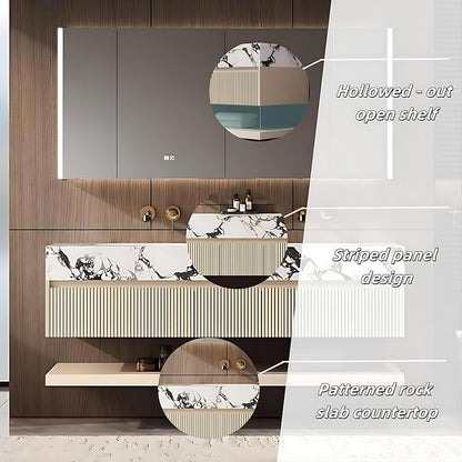 Fashionable Bathroom Vanity with Sink, Smart One-Click Defogging & LED Light, Bathroom Sink and Cabinet with Wave Striped Panel, Rockslab Countertop (Mirror Cabinet, 76IN)