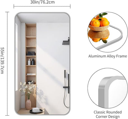 FORBATH 30x55 Inch Silver Bathroom Mirror for Over Sink, Large Rectangular Wall Mirror with Metal Frame, Rounded Corners for Bathroom, Bedroom, Entryway Decor (Horizontal or Vertical)