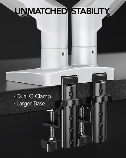 HUANUO Dual Monitor Stand - Full Adjustable Monitor Desk Mount Swivel Vesa Bracket with C Clamp, Grommet Mounting Base for 13 to 32 Inch Computer Screens - Each Arm Holds 4.4 to 19.8lbs - White