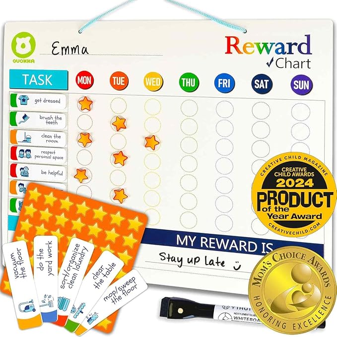 QUOKKA Reward Chart for Kids - Magnetic Behavior Chore Chart for Kids at Home - Dry and Erase Routine and Responsibility - Use 84 Magnets & 102 Stars - from Toddlers to Teens