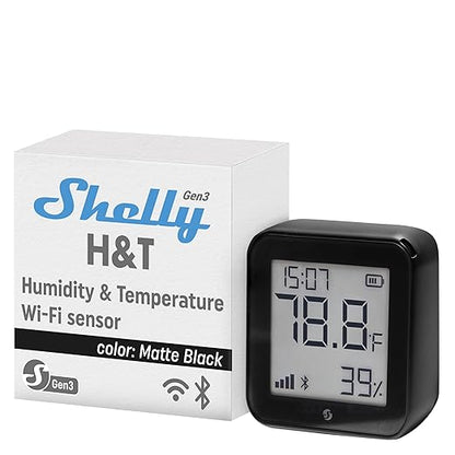 Shelly H&T Gen3 Black | Wi-Fi and Bluetooth Smart Temperature & Humidity Sensor with Remote App Control & Monitoring | Smart Scenes | Notification Alerts | LCD Display | Free Data Storage Export