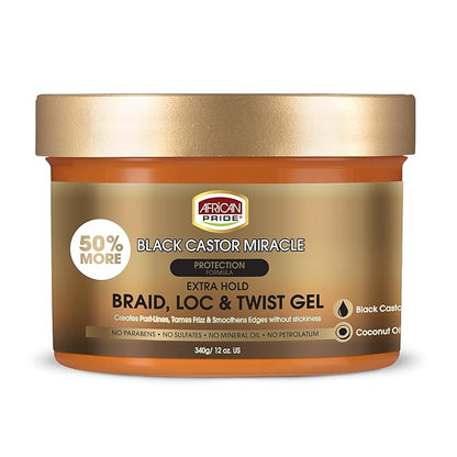 African Pride Black Castor Miracle Extra Hold Braid, Loc, Twist Gel - Extreme Hold Braiding Hair Gel, Edge Control & Tames Frizz, No Flake | Natural Ingredients, Black Castor & Coconut Oil | 12oz