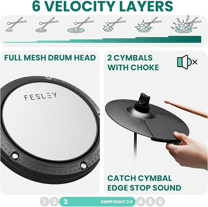 Fesley FED150W Electric Drum Set: Dual Zone Snare Drum,2 Cymbals w/Choke, 200 Sounds, 4 Quiet Mesh Drum Pads, Portable Electronic Drum Kit for Beginner, Bluetooth, MIDI, Throne, Headphone, Sticks