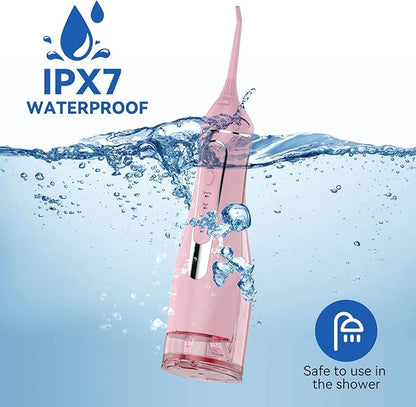 Cordless Portable Water Flosser with 300ML Tank: Rechargeable Oral Irrigator with 5 Tips for Travel, Braces Care and Sensitive Gums, IPX7 Waterproof Teeth Cleaning Device(Pink)