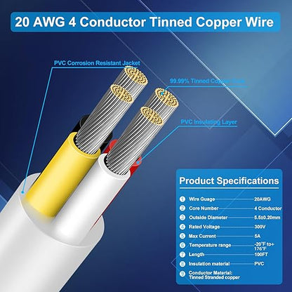 20 Gauge 4 Conductor Electrical Wire, 100FT Low Voltage 20/4 Tinned Copper Stranded 4 Wire Cable, 20 AWG White Flexible Extension Power Cord for Sprinkler, Thermostat, Speaker, Irrigation, Automotive