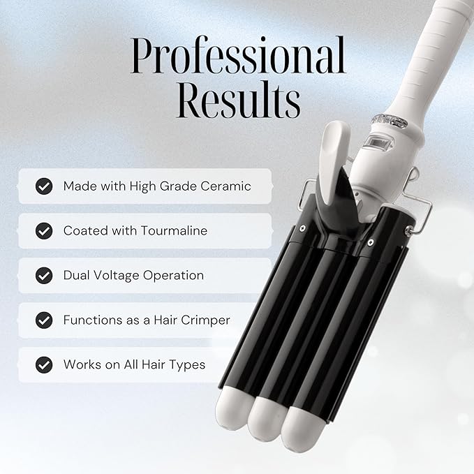 Alure Three Barrel Curling Iron Wand Hair Waver with LCD Temperature Display - 1 Inch Ceramic Tourmaline Triple Barrels, Dual Voltage Crimp (Black/White)