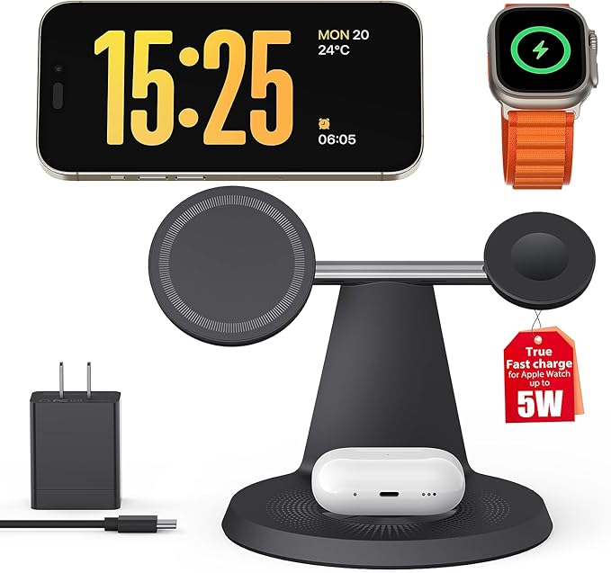 3-in-1 Wireless Charging Station for Apple Devices - Fast Charging Station for iPhone and Watch with MagSafe, Stable Charger Stand for iPhone 17 Air 16 15 14 13 12 Series & iWatch & AirPods