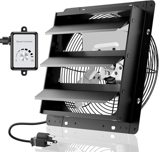 HG Power 12 Inch Attic Fan with Speed Controller, 971 CFM Shutter Exhaust Fan with EC Motor, Wall Mounted Greenhouse Fan for Shed, Basement, Gable, Chicken Coop Ventilation Use, Black