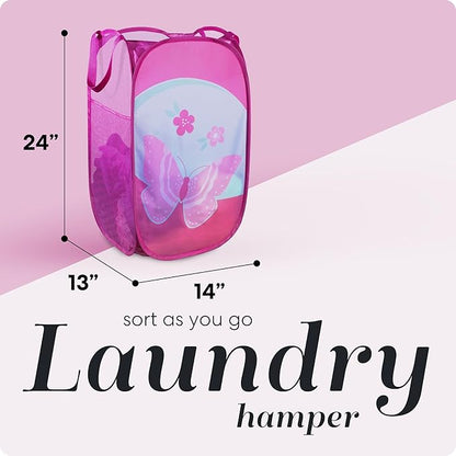 Handy Laundry Collapsible Mesh Pop Up Hamper with Wide Opening and Side Pocket - Breathable, Sturdy, Foldable, and Space-Saving Design for Clothes and Storage (Butterfly)
